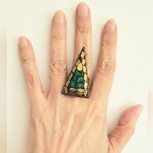 NWOT Malachite Nepali Ring, Handcrafted, Very Unusual, Adjustable Brass, Vivid.